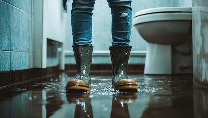 Flooded bathroom, person in rubber boots