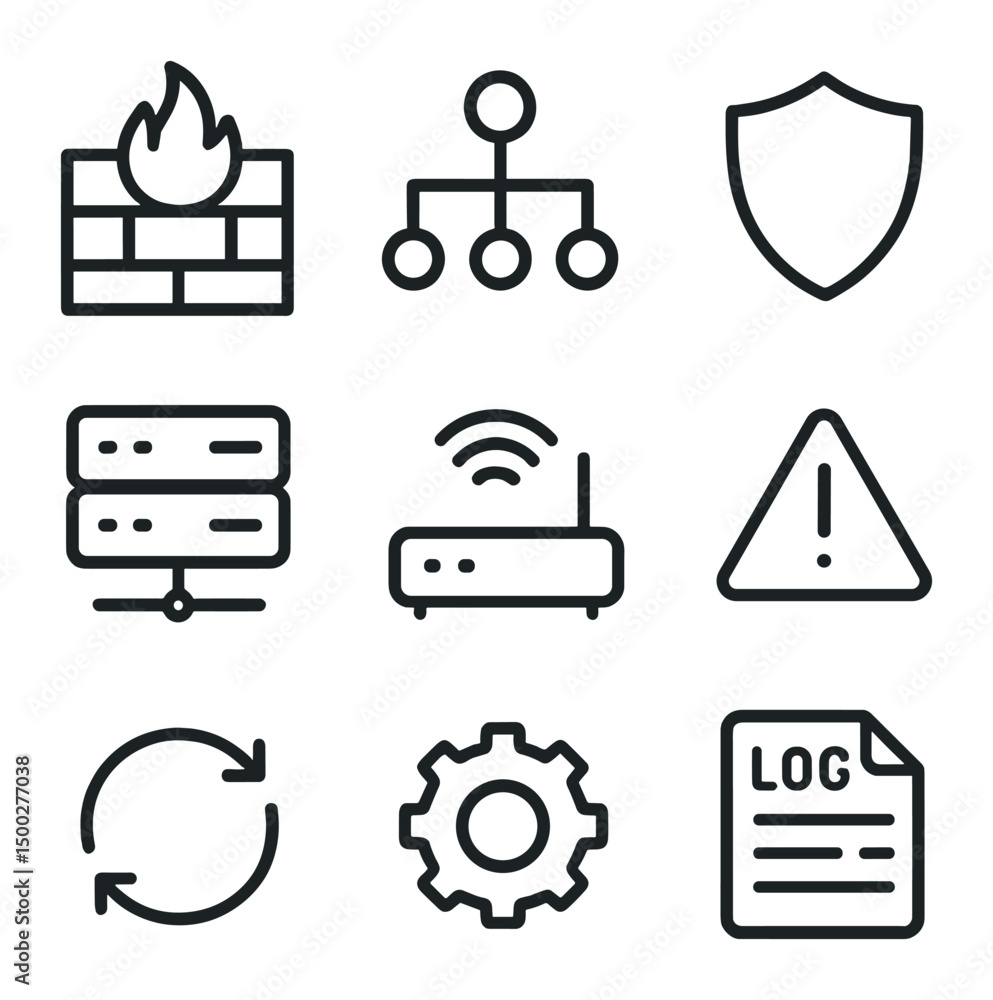Poster cybersecurity icon set. outline icon set of cybersecurity firewall setup: firewall wall, network dia