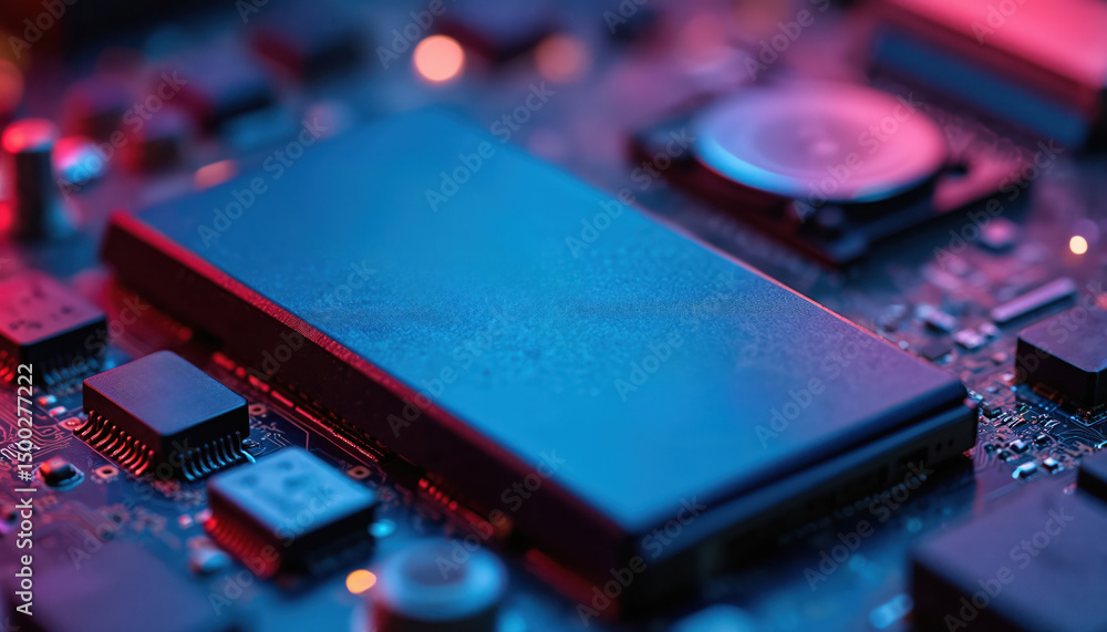 Poster High-performance NVMe SSD installed motherboard. Compact form factor, branding designed for PC upgrades, data storage, tech setups. Improve data transfer speed gaming PC.