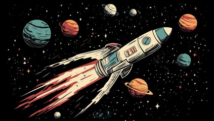 Retro rocket blasts through starry space with planets
