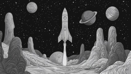 Monochrome rocket launch into space
