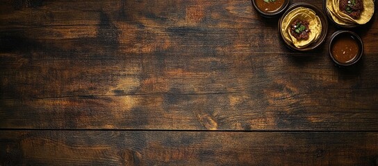Dark wood table top with bowls of food