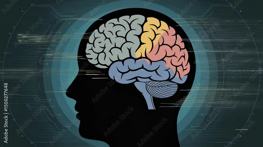 Poster brain regions glowing with vibrant colors inside dark human head silhouette, digital interference ef