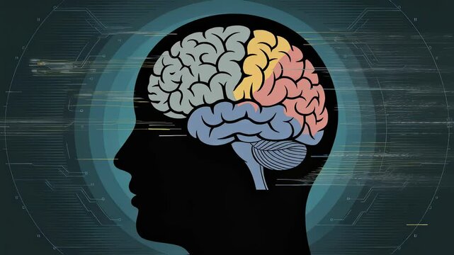Brain regions glowing with vibrant colors inside dark human head silhouette, digital interference effects traversing across screen, visualizing complex neural processes and cognitive dynamics - Powered by Adobe