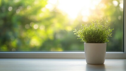Small potted plant on windowsill, sunlight through window