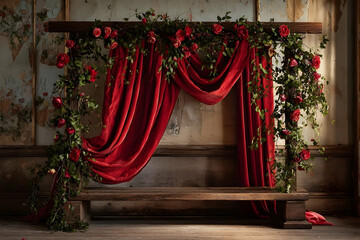 Rustic red velvet draped archway adorned with roses.