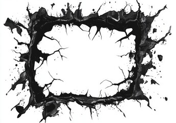 Black ink splatters form a cracked, rectangular frame