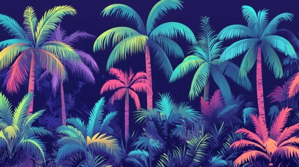 Cartoon-style palm trees and tropical leaves with bright jungle patterns.