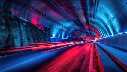 Tunnel interior, vibrant blues and reds, motion blur