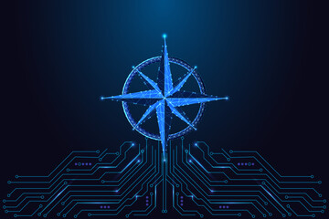 Smart navigation and digital direction with glowing compass and circuit board, vector illustration © Inna
