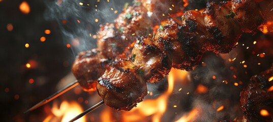 Grilled meat skewers over an open fire