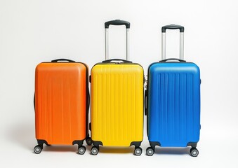 Three colorful hard-shell suitcases lined up against a white background (2)