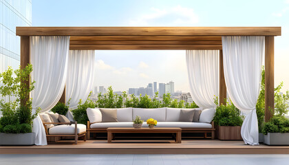 Elegant outdoor lounge area featuring a wooden pergola, white curtains, and comfortable seating. A luxurious outdoor lounge area, complete with a wooden pergola, comfortable seating