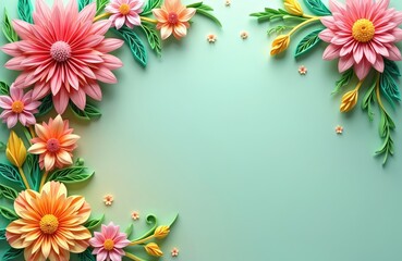 Paper art floral arrangement. Mother Day concept with beautiful colorful flowers, leaves on soft green background. Best for greeting cards, posters, website banners, social media posts. Gift for mom.