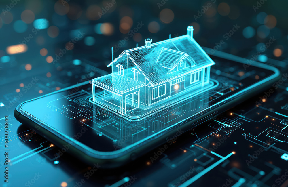 Fototapete Futuristic concept of smart home. 3D wireframe model of house displayed on smartphone screen. Home automation, digital innovation, control, security technologies showcased by modern hi-tech