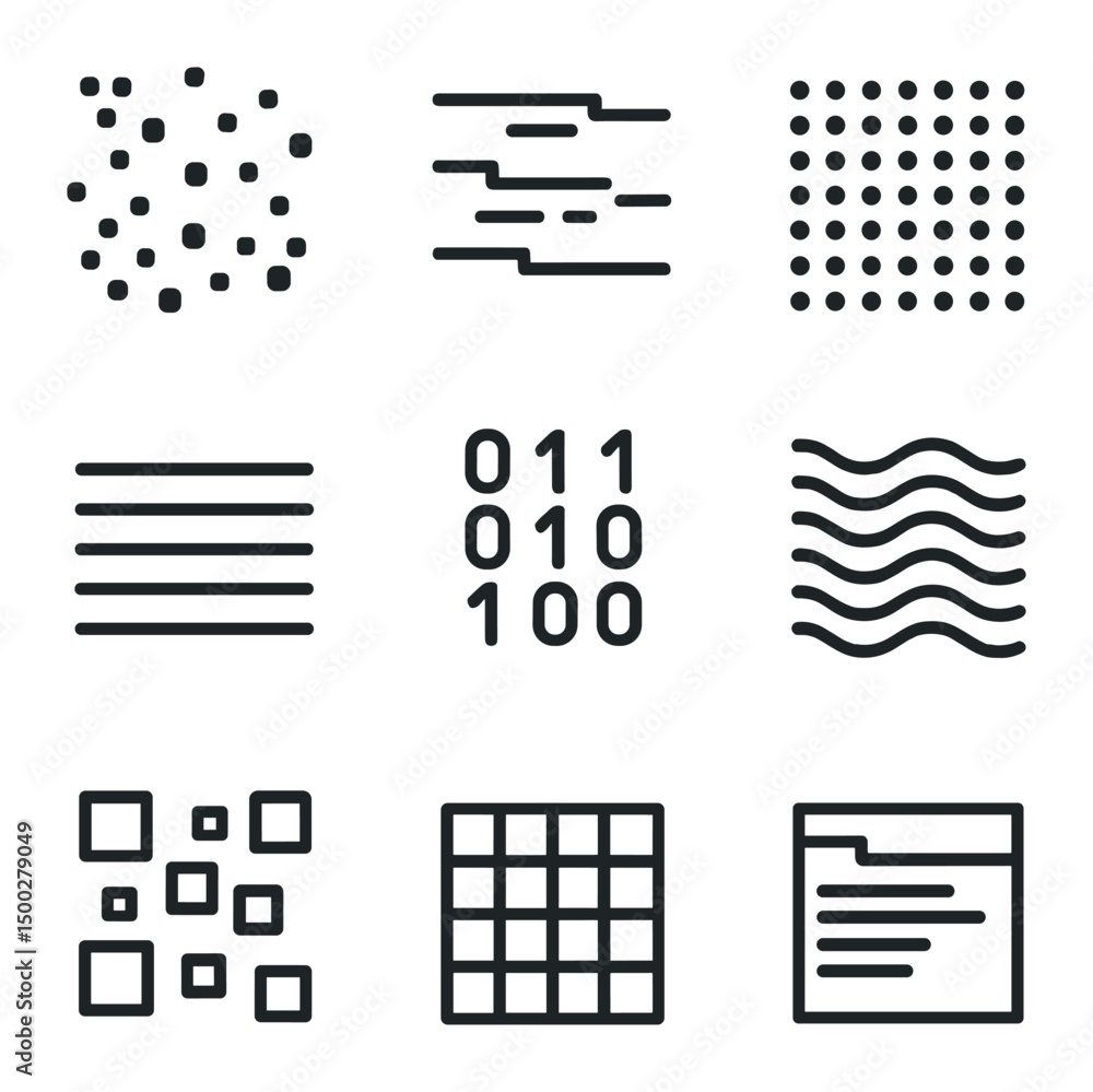 Aufkleber digital noise icon set. outline icon set of digital noise patterns: pixel noise scatter, glitch line