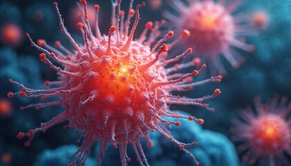 Microscopic view of viral cell explosion. Vibrant red color against blue background highlights medical, scientific research. Medical visualization of infection, virus cell structures. Ideal for