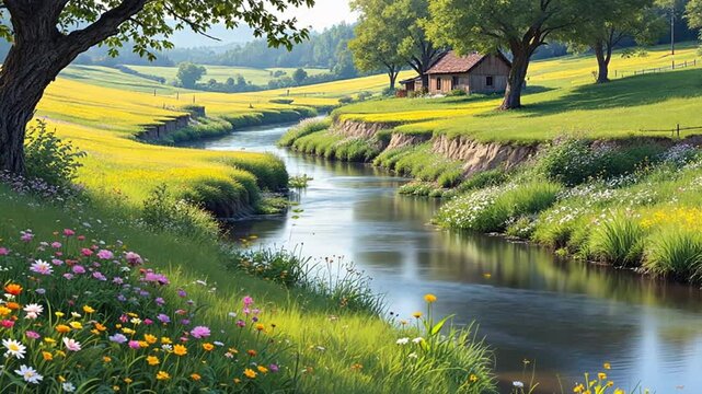 Rural stream, vibrant flowers