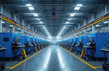 Obraz premium Modern industrial factory hall interior. Blue machines on wheels, yellow lines on floor. Large warehouse space. Contemporary production plant. Tech automated machines, commercial business interior.