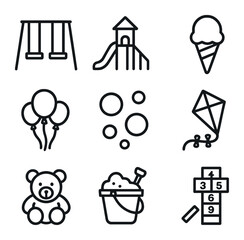 Plakat Childhood Joy Icons. Outline icon set of childhood joy: swings, playground slide, ice cream cone, balloons, bubbles, kite, teddy