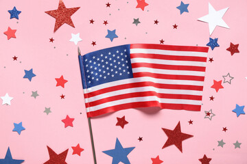 USA flag with stars on pink background. Independence Day celebration