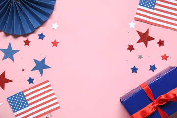 Obraz premium USA flags, stars and gift box on pink background. Independence Day celebration
