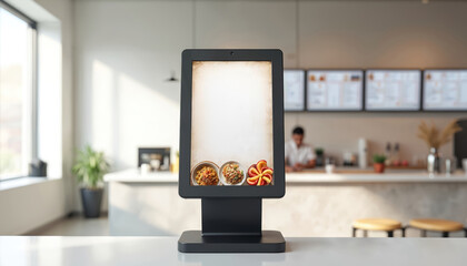 Self-service terminal in restaurant with menu. Modern tech for ordering food. Digital display for customer orders. Cafeteria, cafe, fast food interior. Restaurant menu display, food ordering system