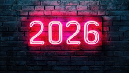 Neon pink 2026 sign on dark brick wall (1)