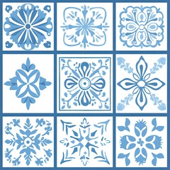 Nine blue and white floral tile patterns