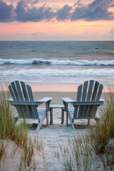 Two light gray Adirondack chairs on a sandy beach at sunrise