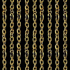 Vertical rows of gleaming gold chains on black