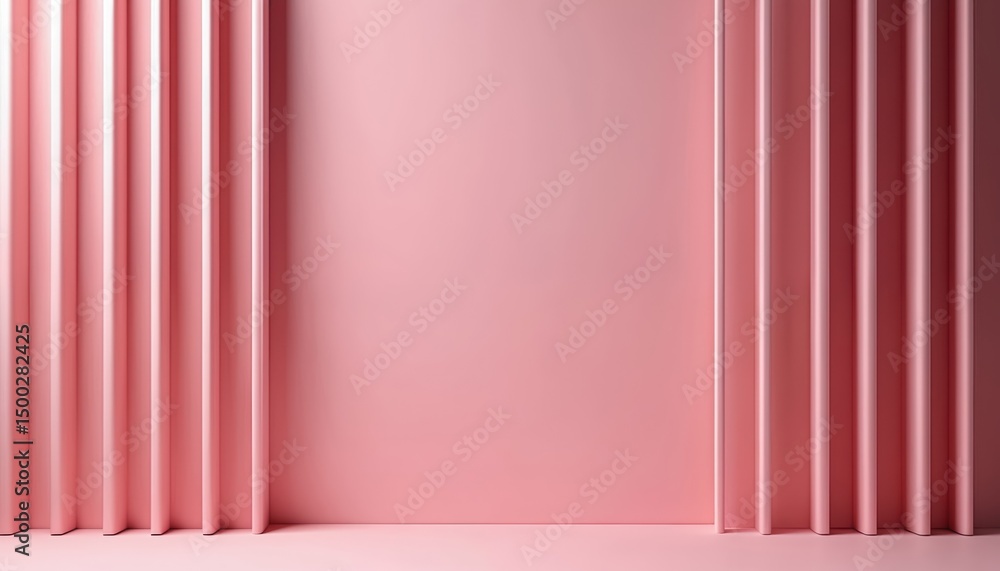 Poster Pink background with curtain-like design. Vertical lines with soft shadows. Silk cloth texture, smooth surface. Pastel colors, soft lighting, minimalistic style, interior decor.