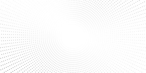 Radial halftone gradient background. Dotted concentric texture with fading effect. Black and white circle shade wallpaper. Grunge rough vector. Monochrome backdrop