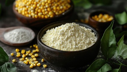 Wooden bowls of cornmeal and corn flour
