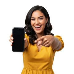 young woman holding a mobile phone 4k backgroundless cutout