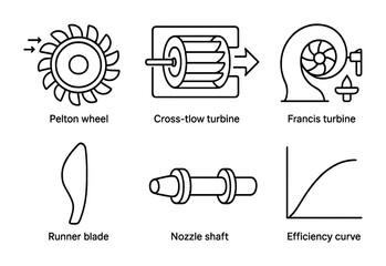 Hydraulic turbine outline icons set – linear, silhouette, renewable energy technology