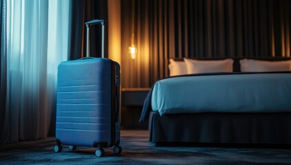 Blue suitcase in a modern hotel room at night