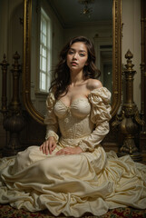 a woman wearing an off-shoulder, cream-colored dress with puffed sleeves, sitting in an ornate room with intricate gold frames and statues. The room has a vintage, elegant atmosphere 