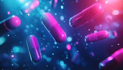 Floating, vibrant pills in a vibrant, glowing, bokeh-filled background