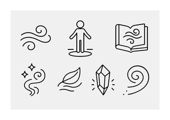 Mindfulness and wellbeing outline icons set – line, yoga, meditation symbols