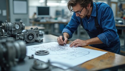 Male engineer in glasses works on mechanical blueprints in factory. Man draws details, uses pen, technical design, engineering process. Mechanical parts, metal details on table.