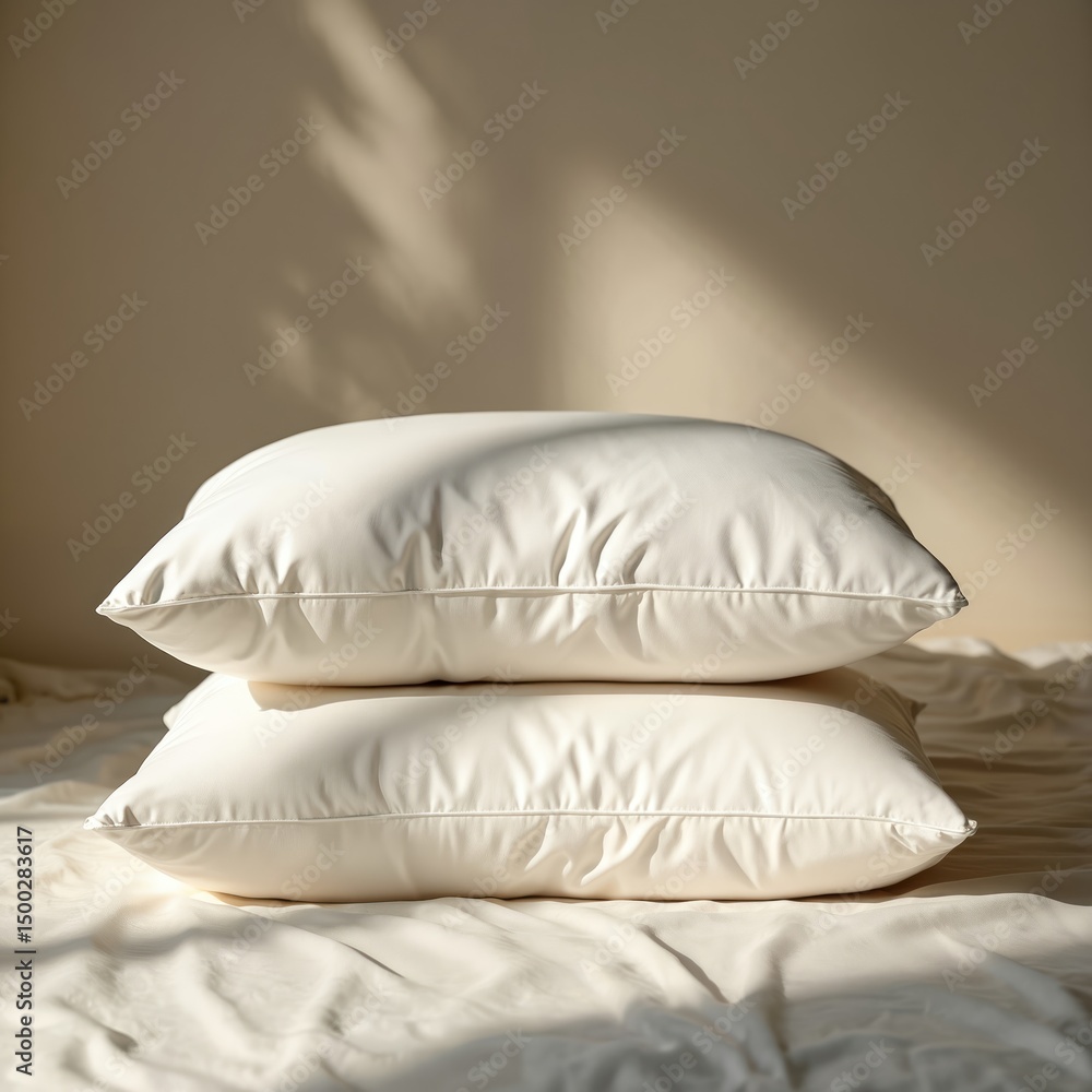 Poster soft white pillows stacked on bed. creating cozy, comfortable atmosphere. gentle shadows add warmth 