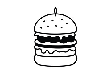 Line art illustration of a delicious, stacked burger with all the fixings.