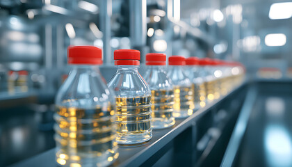 Naklejka premium Rows of oil bottles on an automated production conveyor in a factory