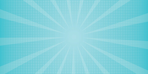 Comic background. Pop art texture. Starburst cartoon style. Anime design with explosion effect for print. Fun dot pattern. Blue backdrop with halftone gradient.