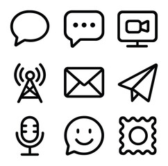 Communication Icons Grid. Outline icon set of communication modalities: speech bubble, text message icon, video call screen, radio