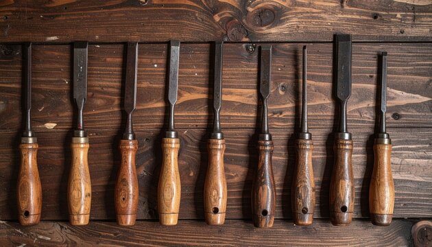 Vintage Woodworking Chisels On Dark Wooden Background