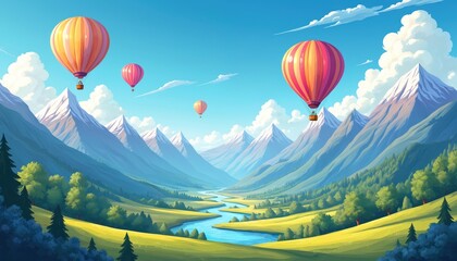 Fototapeta premium Scenic mountain landscape with hot air balloons flying over river. Concept art illustration ideal for travel poster, adventure design. Sky with clouds, green nature valley background.