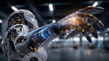 Internet of Things (IoT), Hands of robot hold Internet of Things network connection, data analytics, automation, and smart technology.