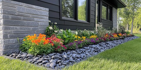 Colorful flowerbed edging a modern home